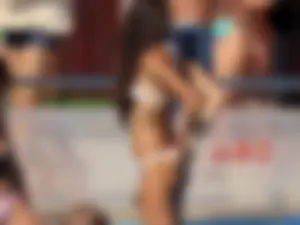 Sexy bikini babe in a white bikini at the pool with camel toe