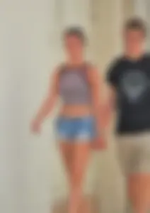 Beautiful teen out with boyfriend in short jean shorts