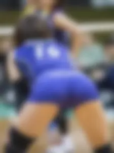 Skinny Female Volleyball Player in Spandex Mini Shorts Bending Over With Widely Spread Legs VPL Candid Photo