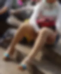 Girl in a Blouse, Skirt and Pantyhose with High Heeled Sandals Sitting on Steps with Spread Legs Street Creepshot