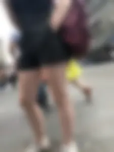 Chubby candid teen wearing shorts, closeups of her legs