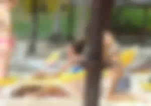 Amazing ebony ass in blue bikini with other sexy friends in bikinis