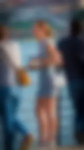 Hot candid chick wearing a top and a denim fringed skirt street creepshot, hot legs