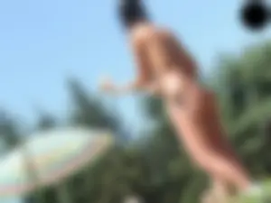 Cheetah thong wearing topless milf at the pool