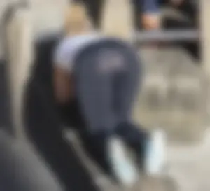 Blonde with see through leggings and no panties exercising in public in London
