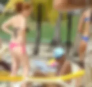 Amazing ebony ass in blue bikini with other sexy friends in bikinis