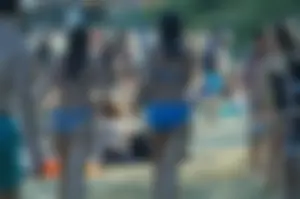 Very Hot Booty in Blue Swimsuit and Legs - Girl Walking on Sand Beach Candid Photo