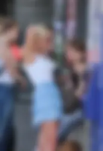 Hot blonde in blue skirt