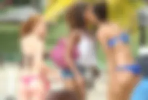 Amazing ebony ass in blue bikini with other sexy friends in bikinis