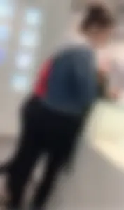 Skinny Girls in Tights at the Cash Register Store Candid Photos