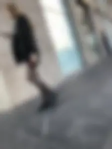 Great legs in black pantyhose, candid girl walking down the street