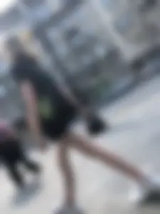 Candid Teen in Denim Shorts And Sneakers With Slim Legs Street Photos