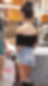 Tight Asian girl in small jean short shorts and crop top showing cheek! OC!