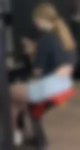 Hot blonde in gym just to show off her tight ass in blue shorts