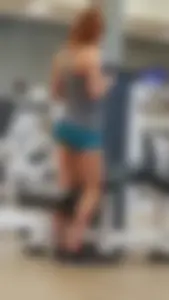 Redhead in teal spandex shorts