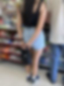 Asian in Jean Shorts at Liquor Store