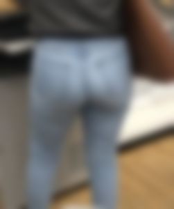 1st Post: Curly Hair Ass in jeans using the computer