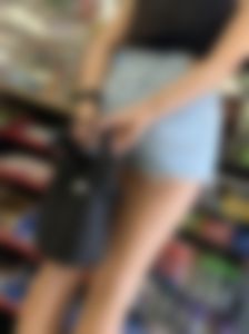 Asian in Jean Shorts at Liquor Store
