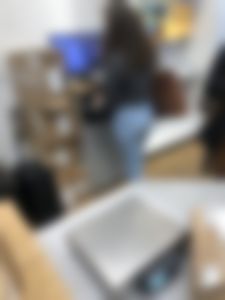 1st Post: Curly Hair Ass in jeans using the computer