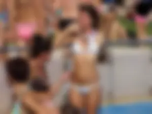 Sexy bikini babe in a white bikini at the pool with camel toe