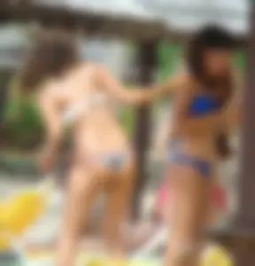 Amazing ebony ass in blue bikini with other sexy friends in bikinis