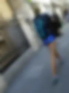 Blonde babe walking in blue spandex shorts