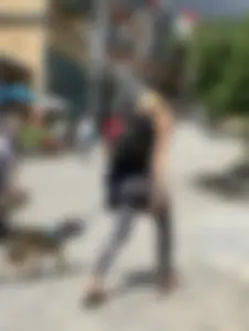 Skinny Candid Blonde in Tights And Slippers Walking Her Dog Street Creepshot