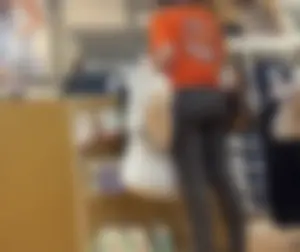Orange shirt + grey leggings