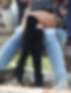 Girl in High-Heeled Go-Go Boots and Pantyhose Sitting on Her Boyfriend's Lap Cross-Legged in a Park - Hot Skinny Legs Candid