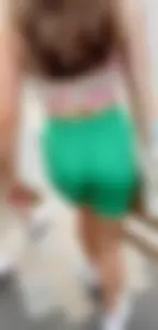 Perfect brunette with tight booty in green spandex shorts & VTL