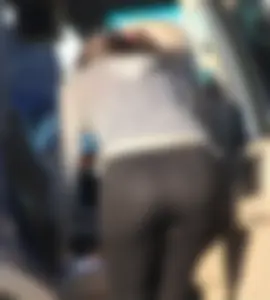 Skinny teen in leggings with vpl in the parking lot