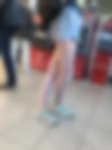Candid Girl in Denim Shorts Waiting in Line to an ATM - Sexy Booty And Legs Creepshots