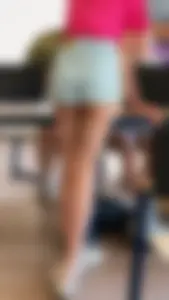 Amazing college teen in jean mini shorts bending over desk