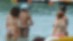 Amazing ebony ass in blue bikini with other sexy friends in bikinis