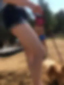 Skinny Barefoot Girl in Swimsuit and Shorts at the Beach Candid Photo Gallery