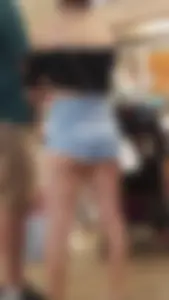 Tight Asian girl in small jean short shorts and crop top showing cheek! OC!