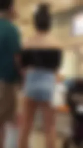 Tight Asian girl in small jean short shorts and crop top showing cheek! OC!