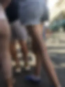 Skinny Legs in Denim Shorts City Street Candid Pics
