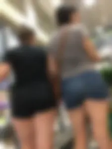 Big booty daughter in spandex shorts shopping with mom in denim shorts