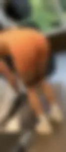 Innocent teen in see through orange spandex shorts, thick brunette in soft gray spandex shorts