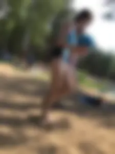 Wet Girls in Swimsuits Walking Towards Water at a Lake Beach Photo Series