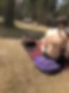 Skinny Candid Girl in Swimsuit Sitting on the Ground at a Nature Park Creepshot