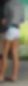 Girl next door teen neighbor bringing in groceries in short jean shorts