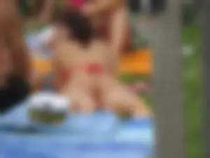 Hot girl with wide hips and nice gap in a red Spider Man thong bikini