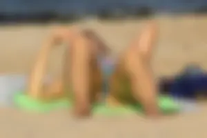 Blue floral bikini babe on the beach