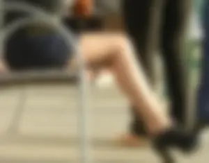 Street Candid - Long Sexy Legs in Pantyhose on Heels Sitting on a Bench