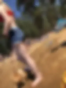 Skinny Barefoot Girl in Swimsuit and Shorts at the Beach Candid Photo Gallery