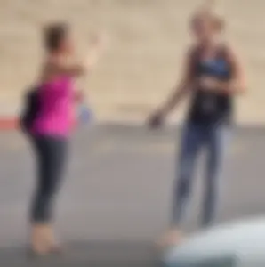 Skinny blonde in grey leggings with a friend