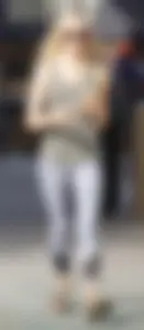Hot blonde in light leggings after getting Starbucks