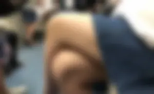 Candid Subway Girl in a Denim Skirt - Standing on Platform And Sitting in the Train With Crossed Legs Touching Her Knee